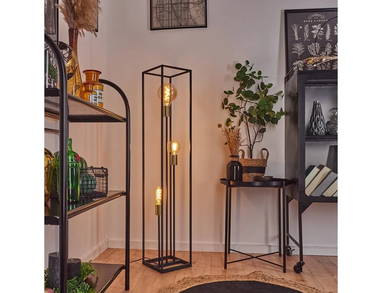 hofstein Stehlampe »Avola« Bodenlampe Metall Schwarz/Messing E27 Fußschalter