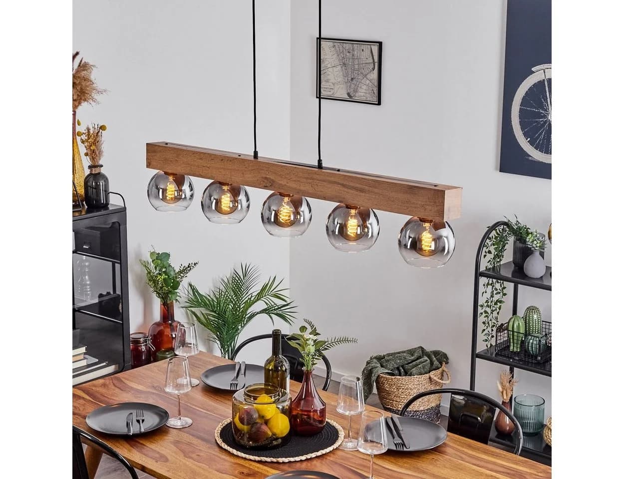 hofstein Pendelleuchte Canove 5x E27 Modern Holzoptik Schwarz