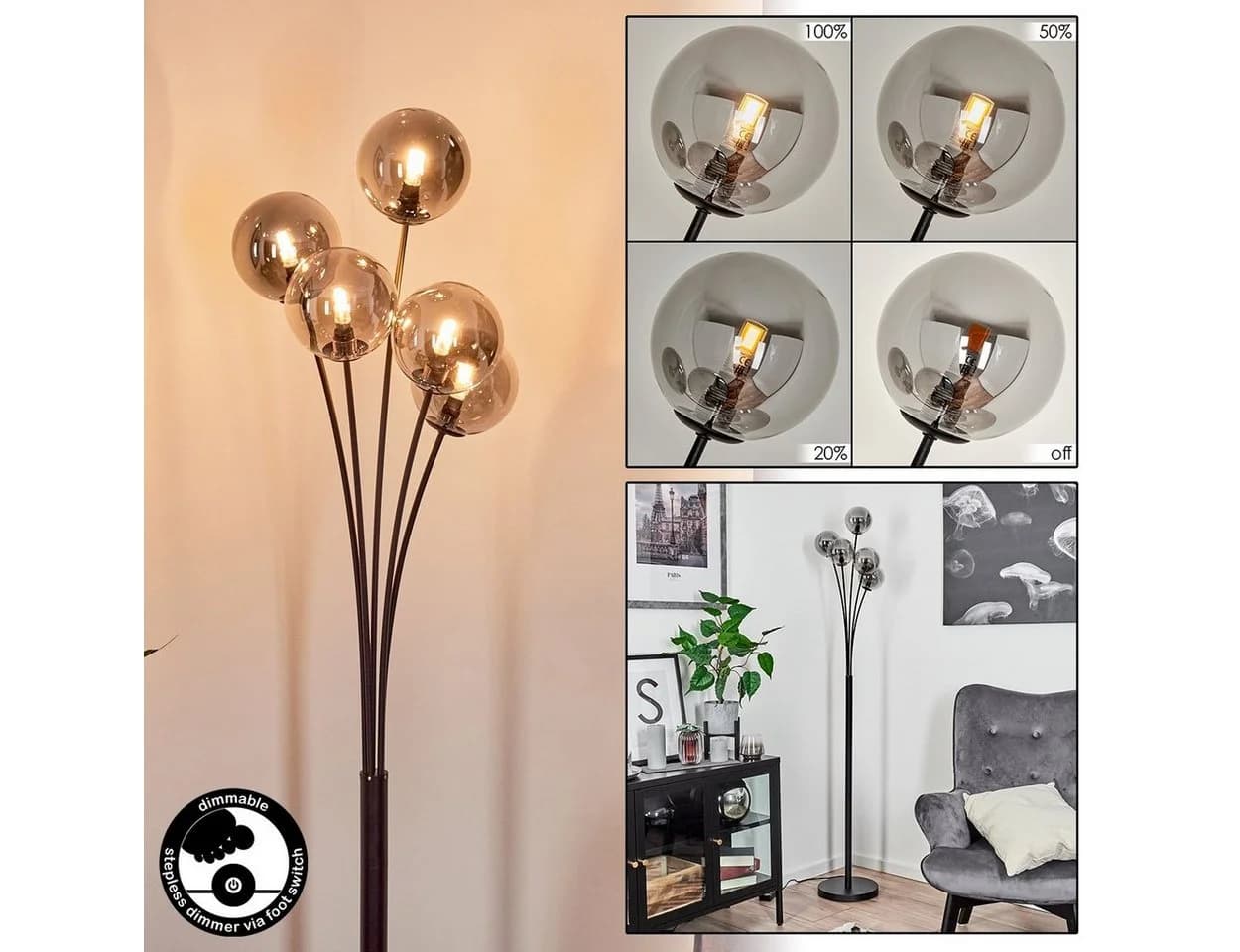 hofstein Stehlampe Schwarz/Rauchfarben Dimmbar 5xG9