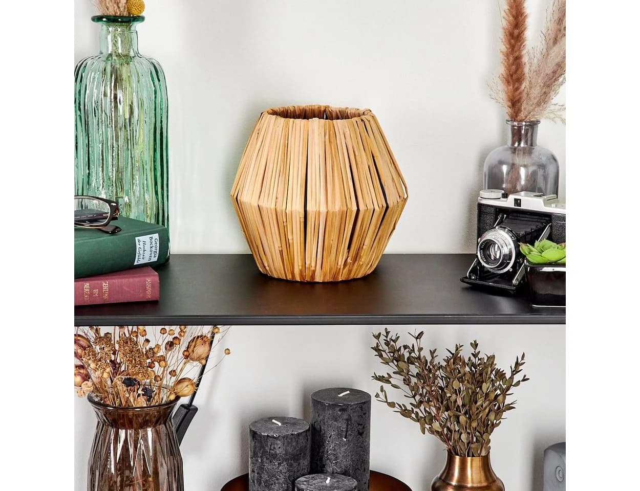 hofstein Tischleuchte Boho Metall/Rattan Schwarz/Natur E14