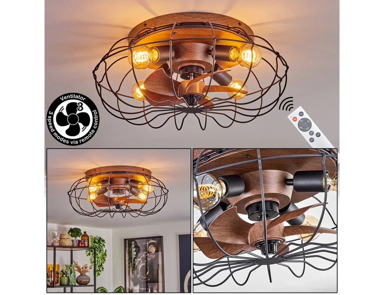 hofstein Deckenleuchte Deckenventilator Braun/Schwarz 4-flammig