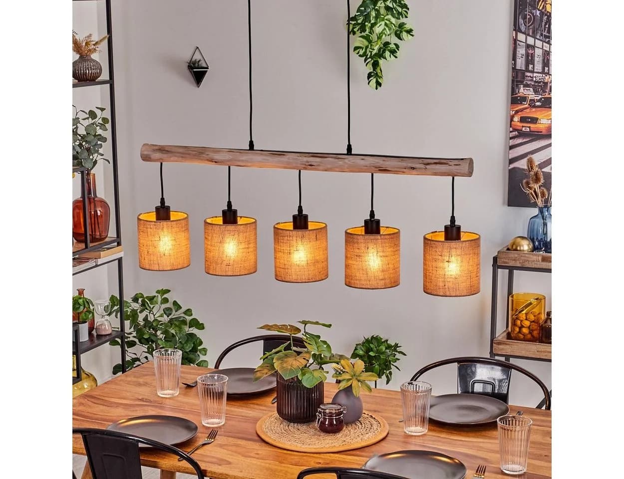 hofstein Pendelleuchte Modern Skandinavisch Holz Metall Leinen 5x E27