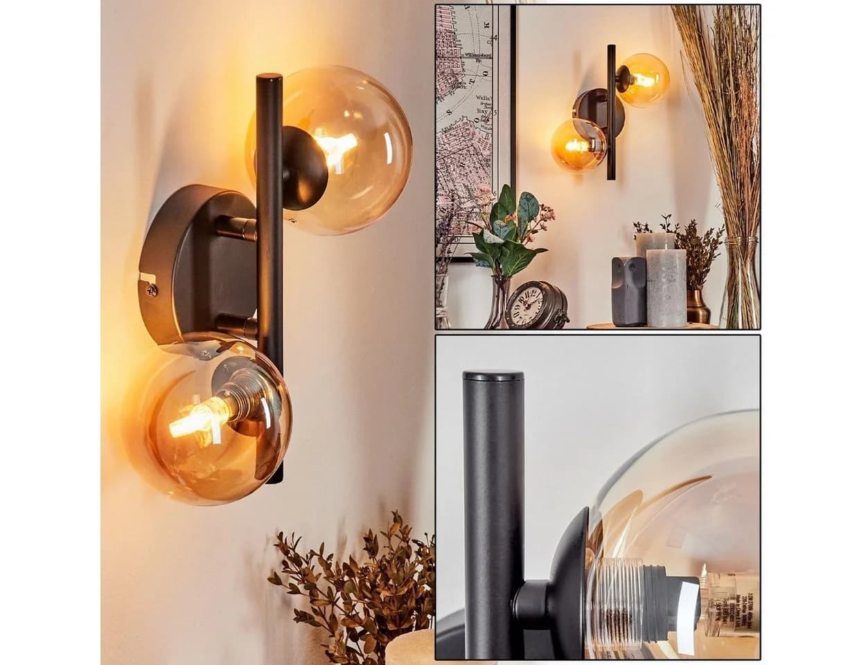 hofstein Wandleuchte Wandlampe aus Metall/Glas in Schwarz/Bernsteinfarben