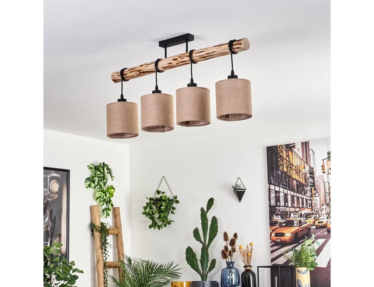 hofstein Deckenleuchte Moderne Deckenlampe Holz/Metall/Leinen Natur/Schwarz/Beige