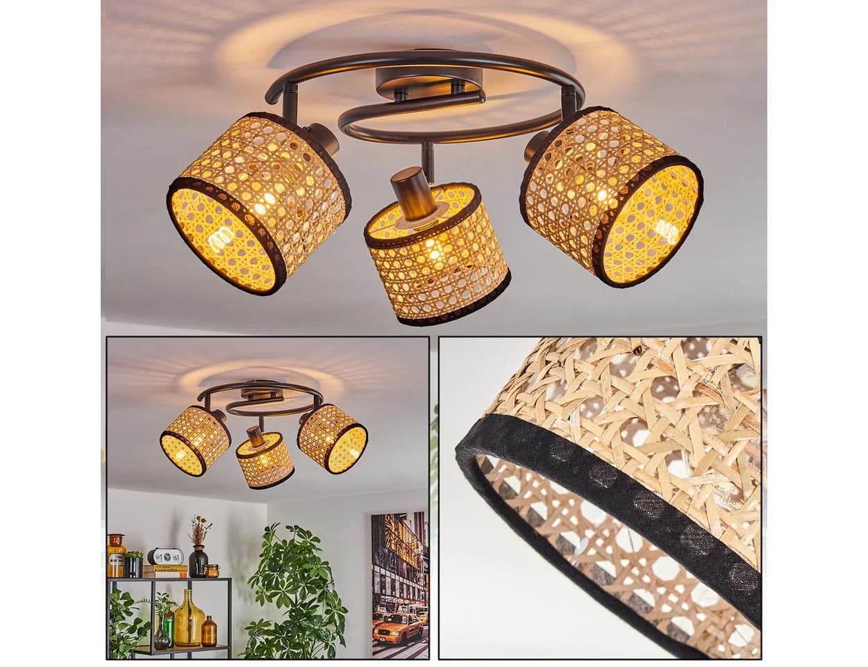 hofstein Deckenleuchte Modern Schwarz Rattan 3x E14 Verstellbar