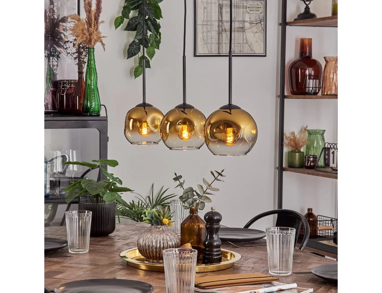 hofstein Pendelleuchte Metall/Glas Schwarz/Gold Retro Vintage