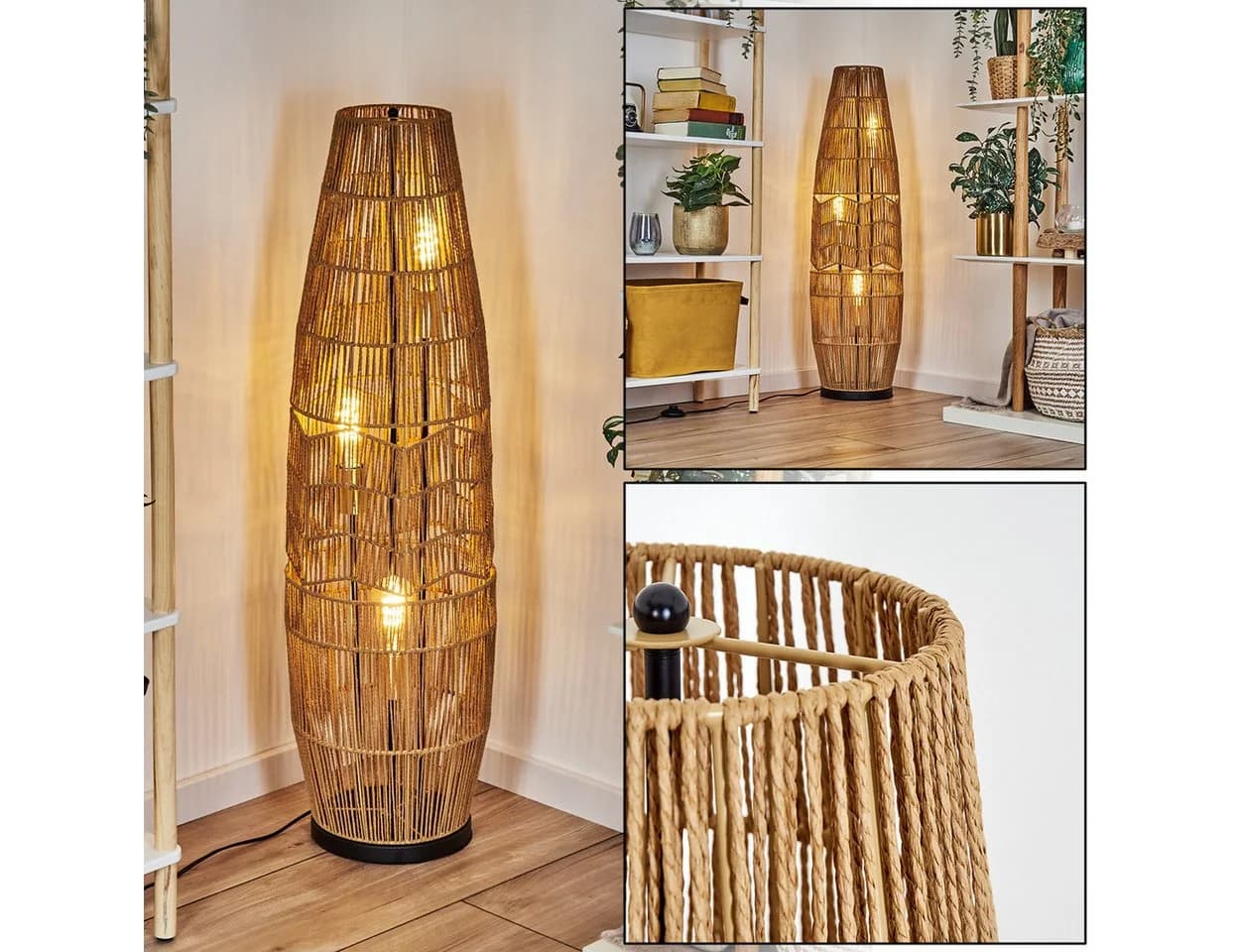 hofstein Stehlampe Metall/Seil Schwarz/Braun/Gold Boho Style