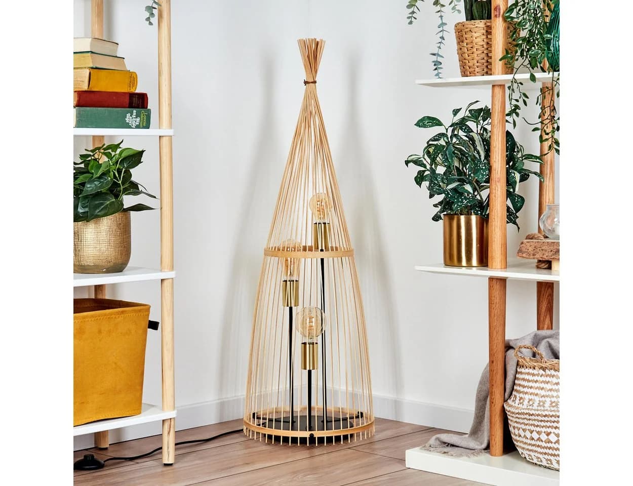 hofstein Stehlampe Boho-Style Metall/Bambus Schwarz/Naturfarben