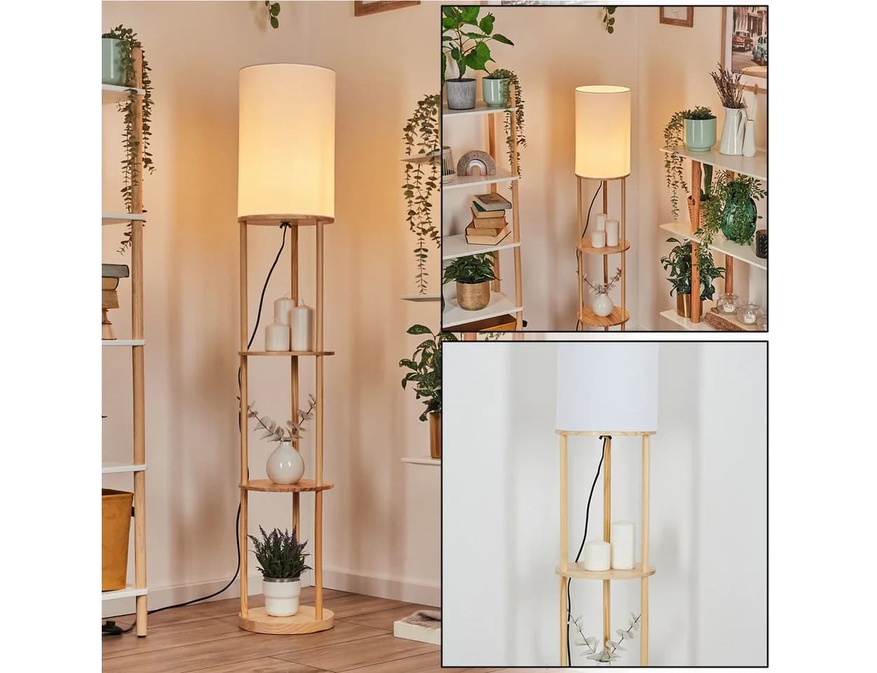 hofstein Stehlampe Holz Stoff Naturfarben Weiß E27