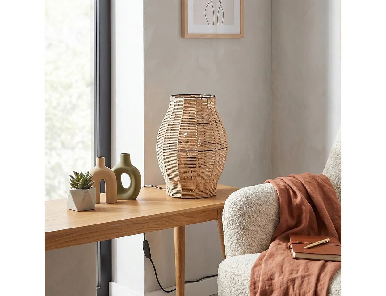 hofstein Tischleuchte Boho Design Metall Bast Schwarz/Naturfarben