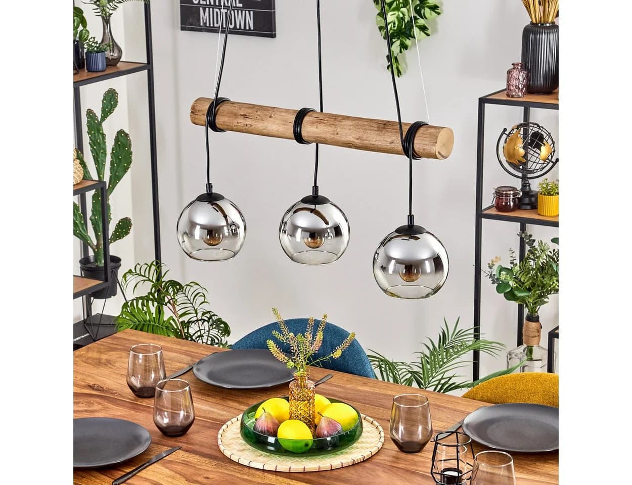 hofstein Pendelleuchte Hängeleuchte Boho-Design mit Glas und Holz