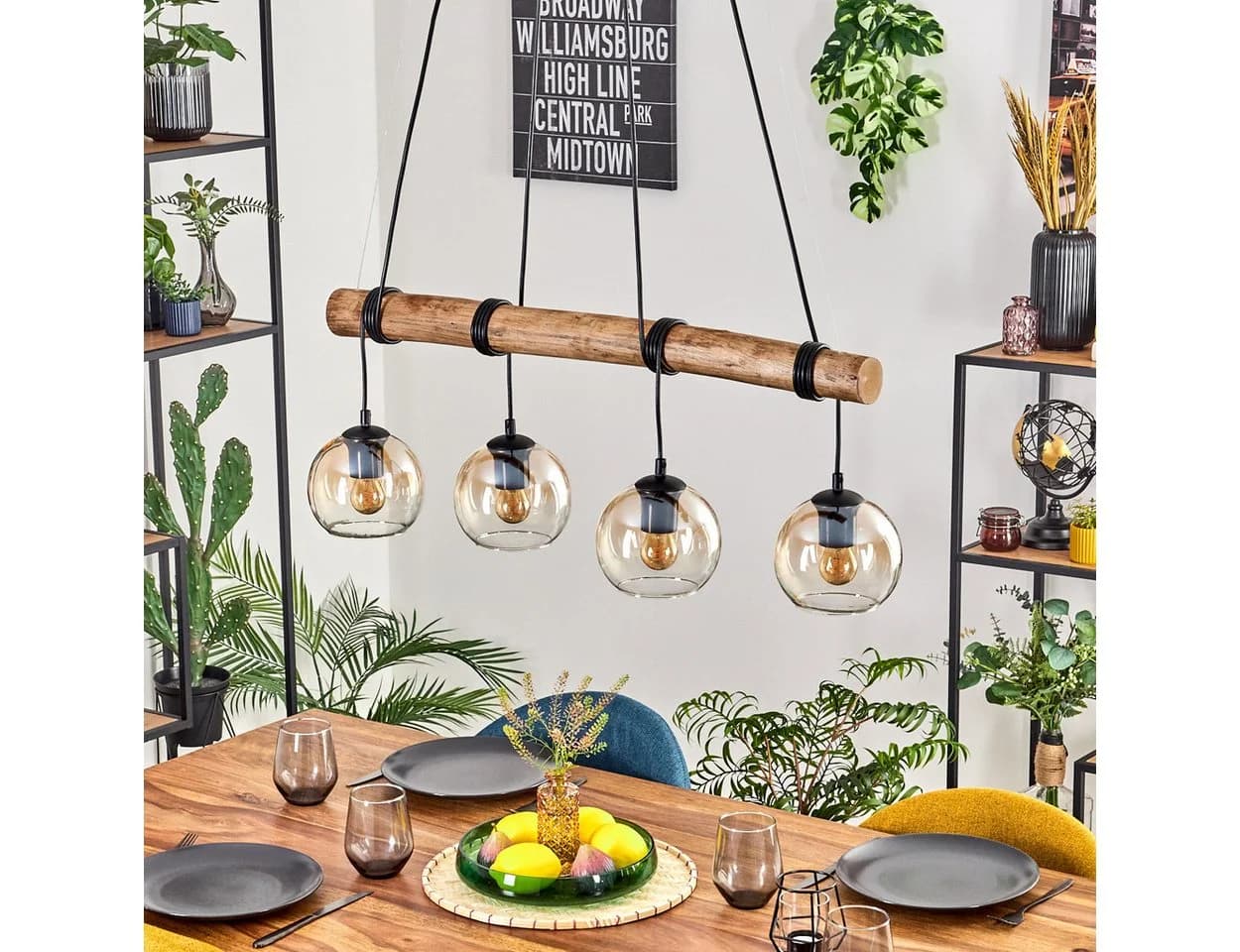 hofstein Pendelleuchte Boho-Design 4x E27 Holz Metall Glas