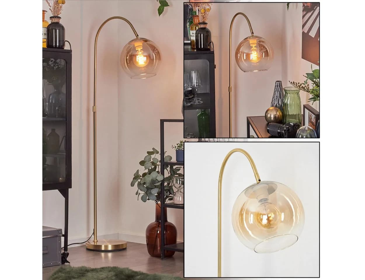 hofstein Stehlampe Messing Bernsteinfarben Klar