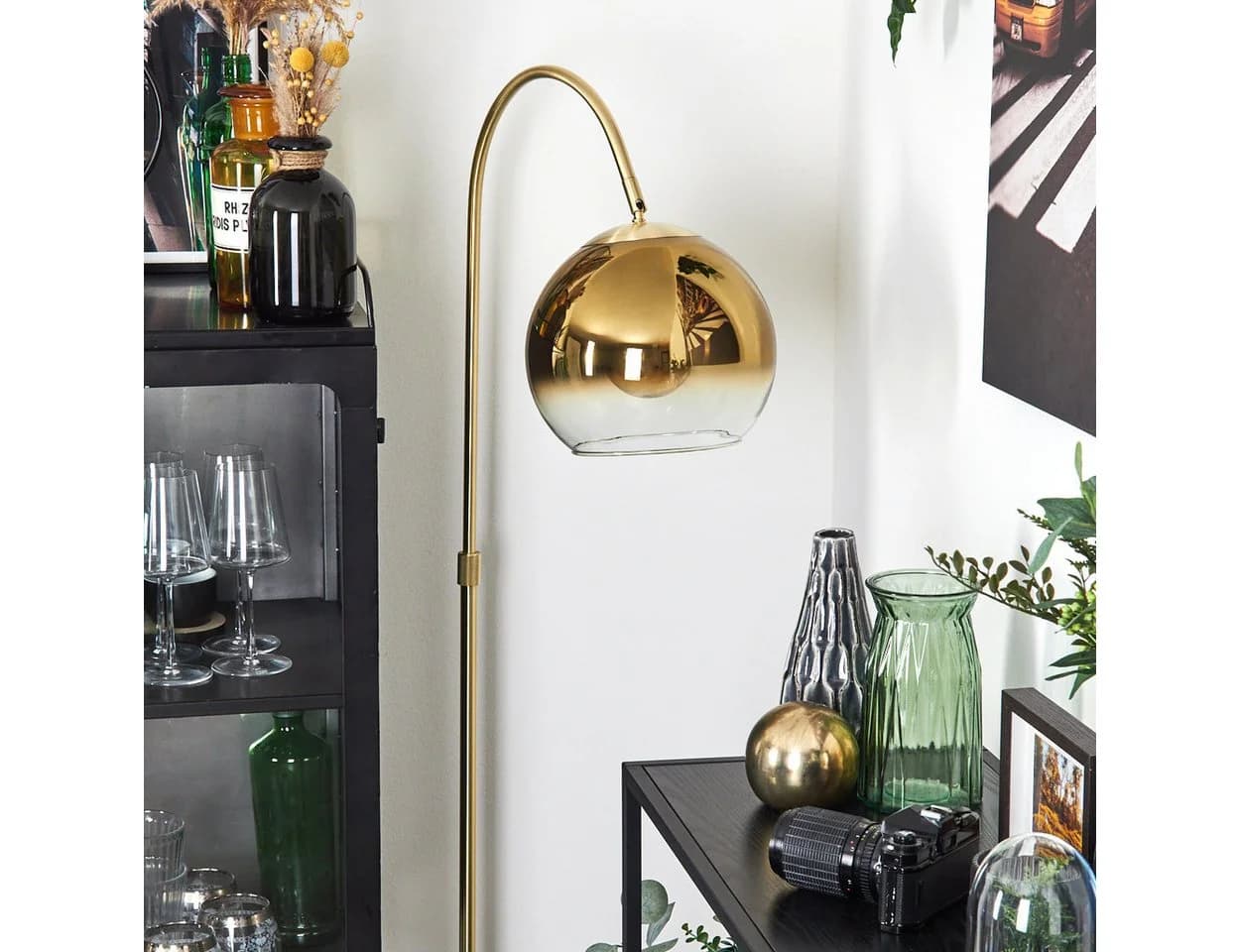 hofstein Stehlampe Metall/Glas Messing/Gold/Klar mit Glasschirm und Fußschalter