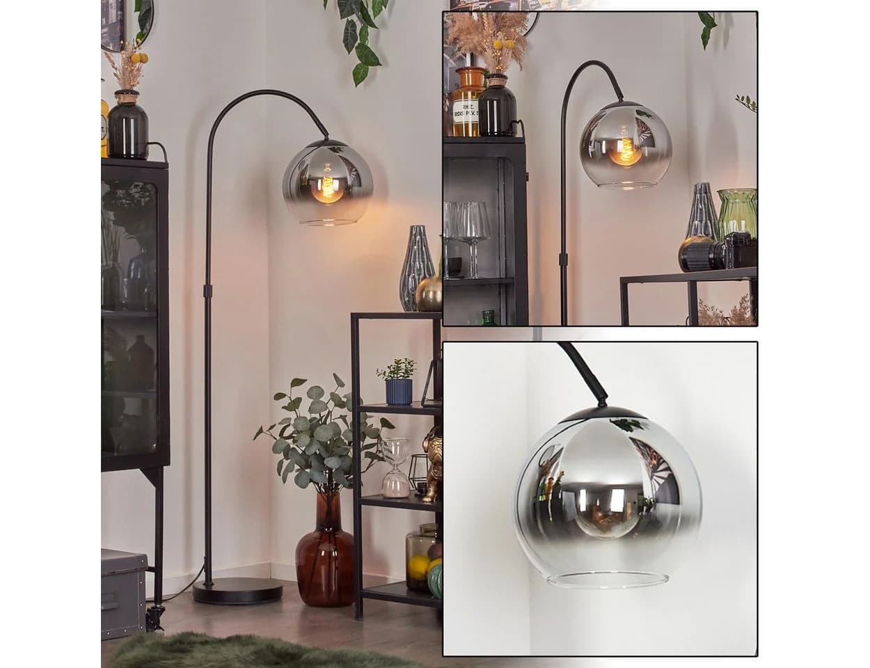 hofstein Stehlampe Industrial Metall Glas Schwarz Chrom