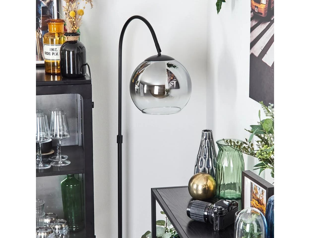 hofstein Bogenlampe Stehlampe Metall/Glas Schwarz/Chrom Industrial-Design