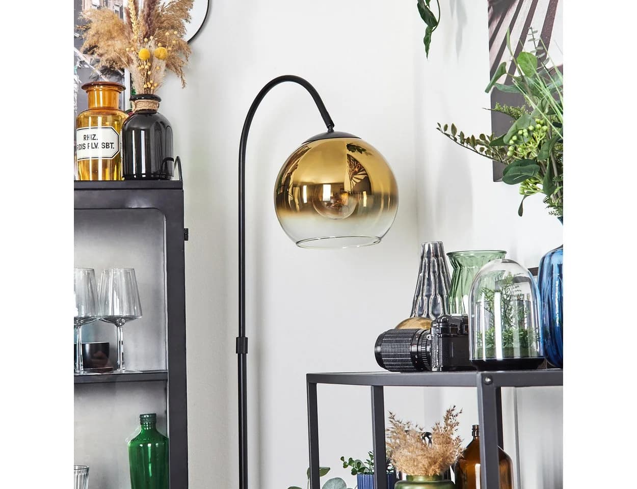 hofstein Bogenlampe Stehlampe Schwarz/Gold/Klar E27