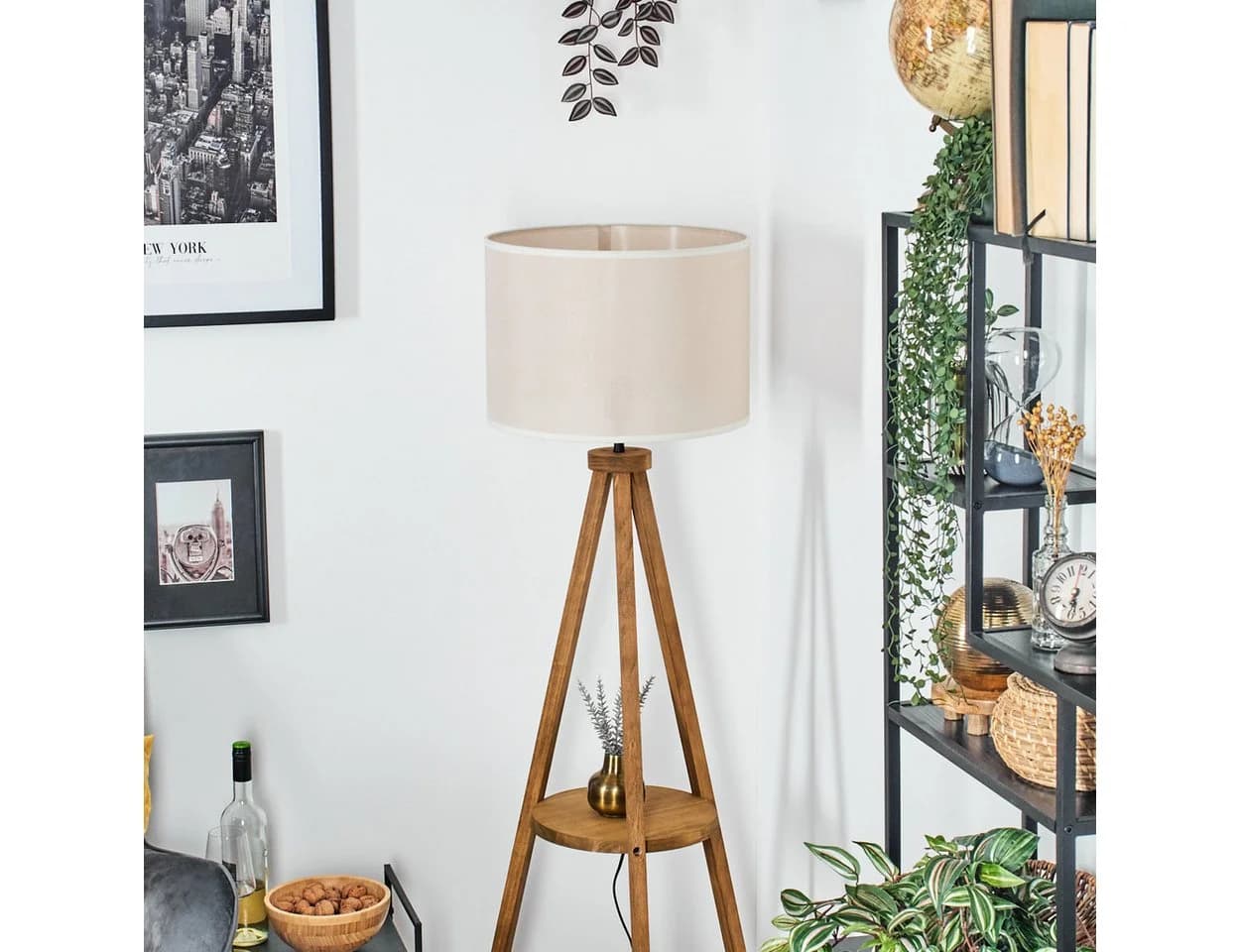 hofstein Stehlampe Boho-Style Holz/Stoff Beige/Weiß E27