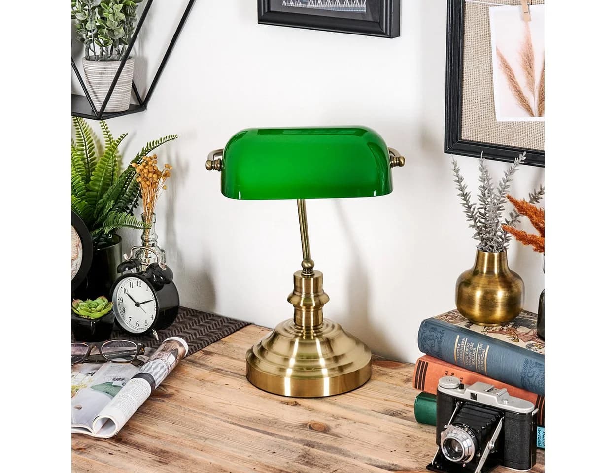 hofstein Tischleuchte Messing/Grün/Weiß Vintage Schreibtischlampe