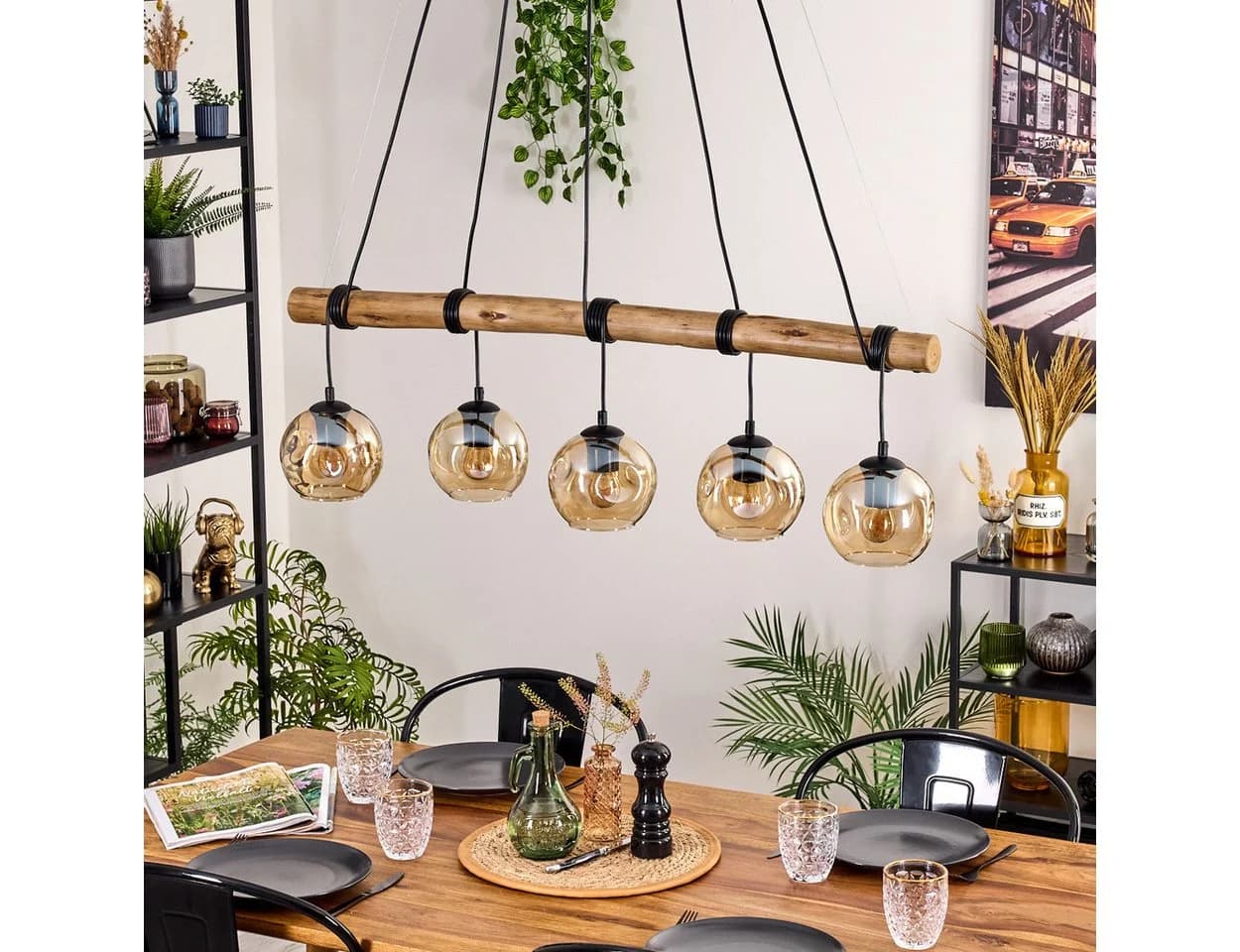 hofstein Pendelleuchte 5x E27 Schwarz/Natur Bernstein Retro/Boho