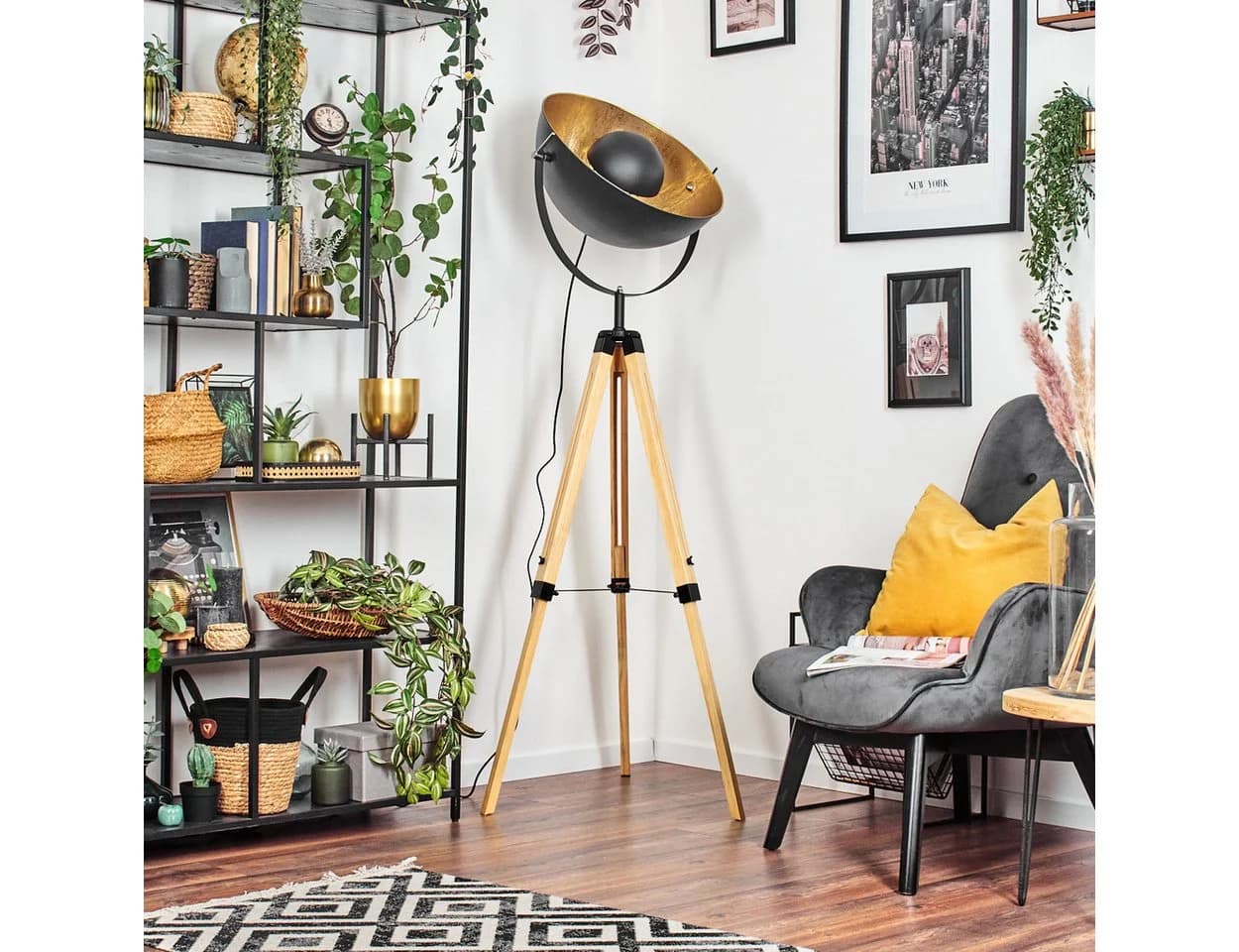 hofstein Stehlampe Holz/Metall Boho Schwarz/Gold