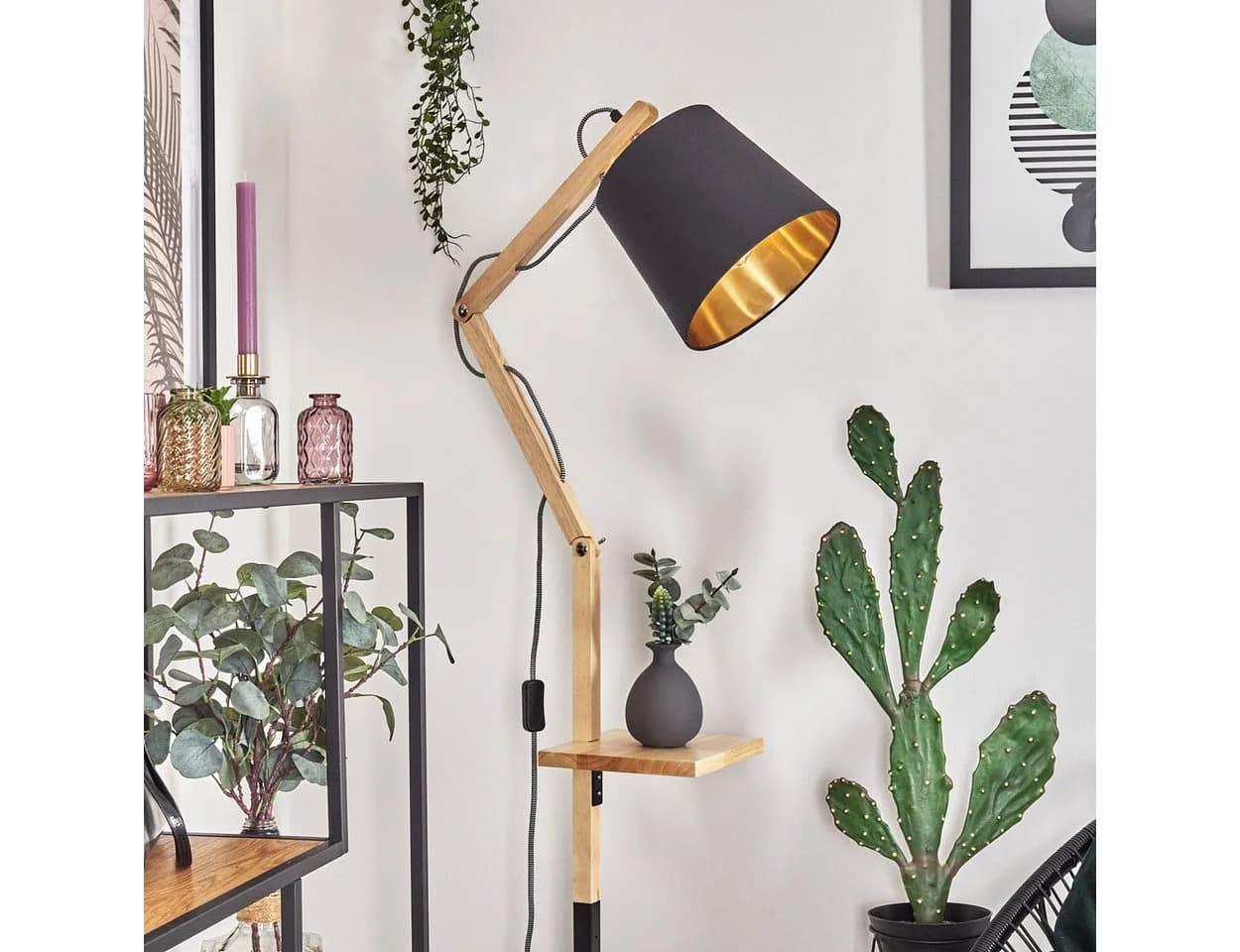 hofstein Stehlampe Boho Design Holz Metall Stoff