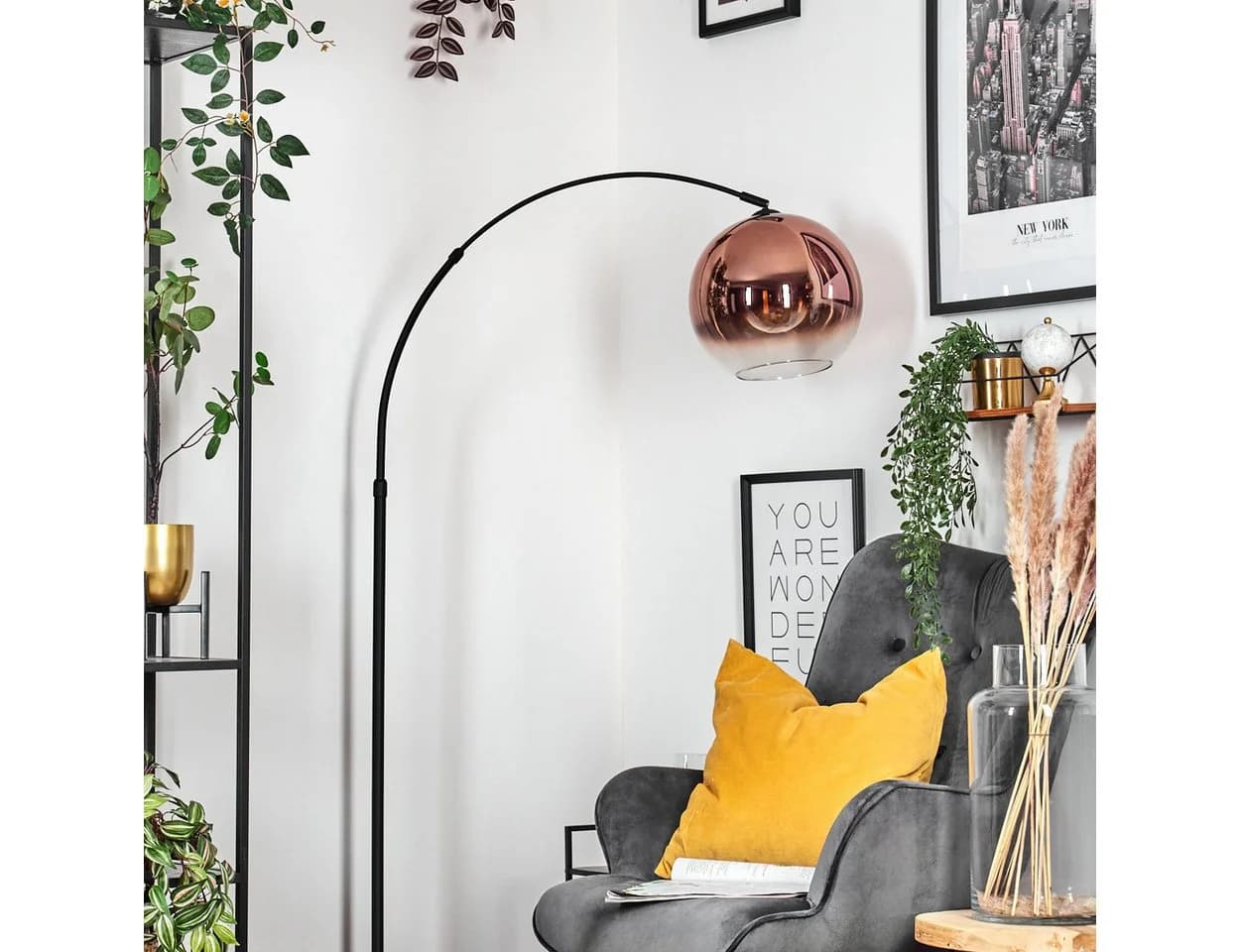 hofstein Bogenlampe Stehlampe Schwarz/Kupfer mit Marmorfuß
