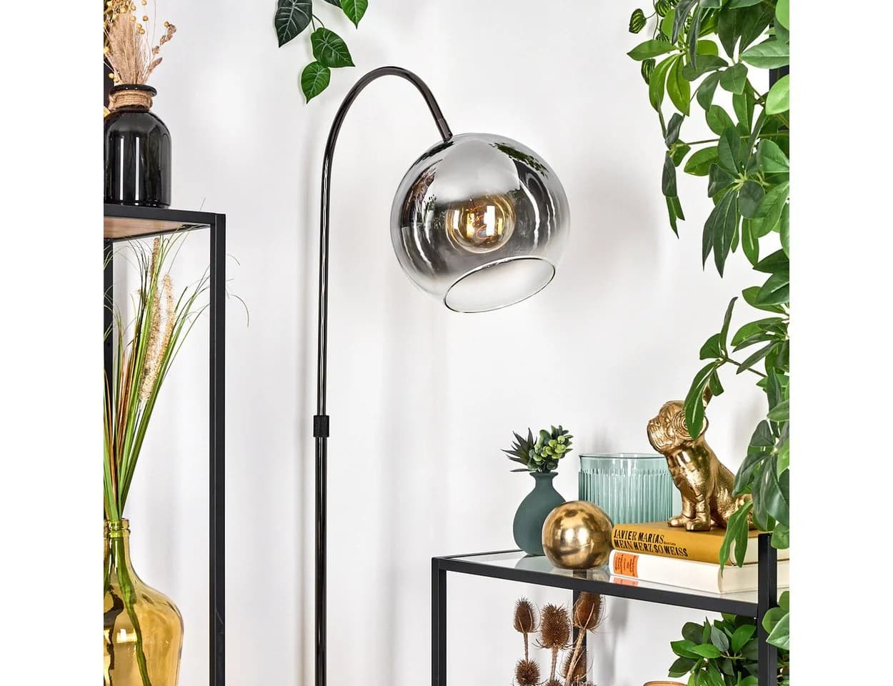 hofstein Bogenlampe Stehlampe Schwarz/Chrom Glas Retro Design