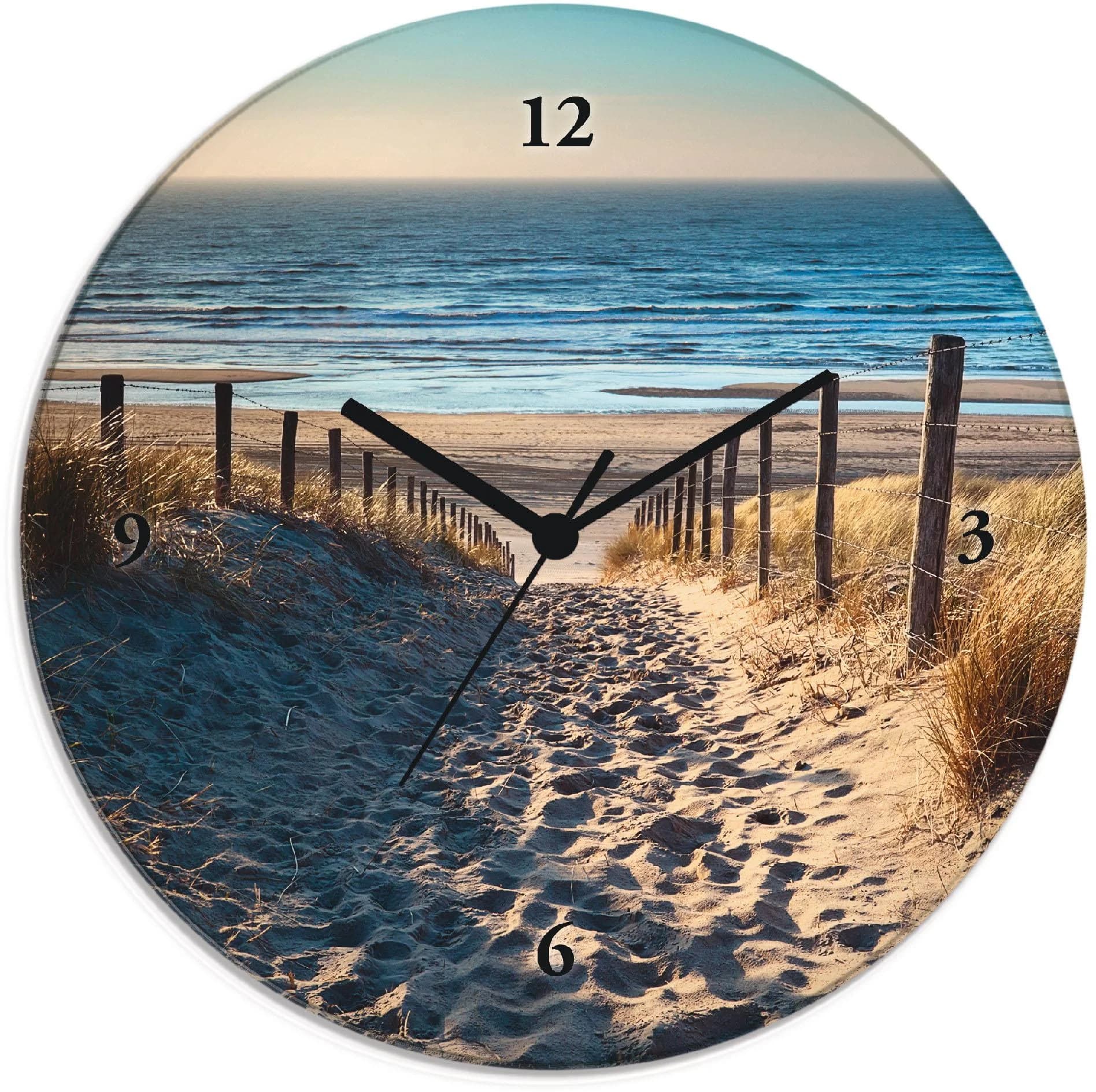 ARTLAND Wanduhr Weg zum Nordseestrand Sonnenuntergang Beige Glas