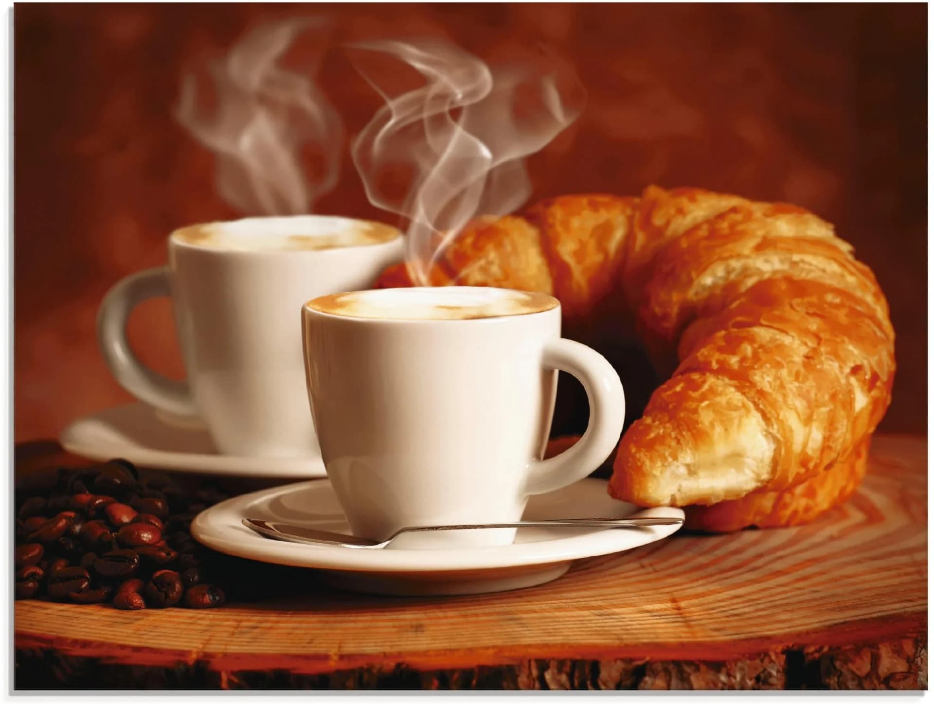 Glasbild ARTLAND Dampfender Cappuccino und Croissant Braun