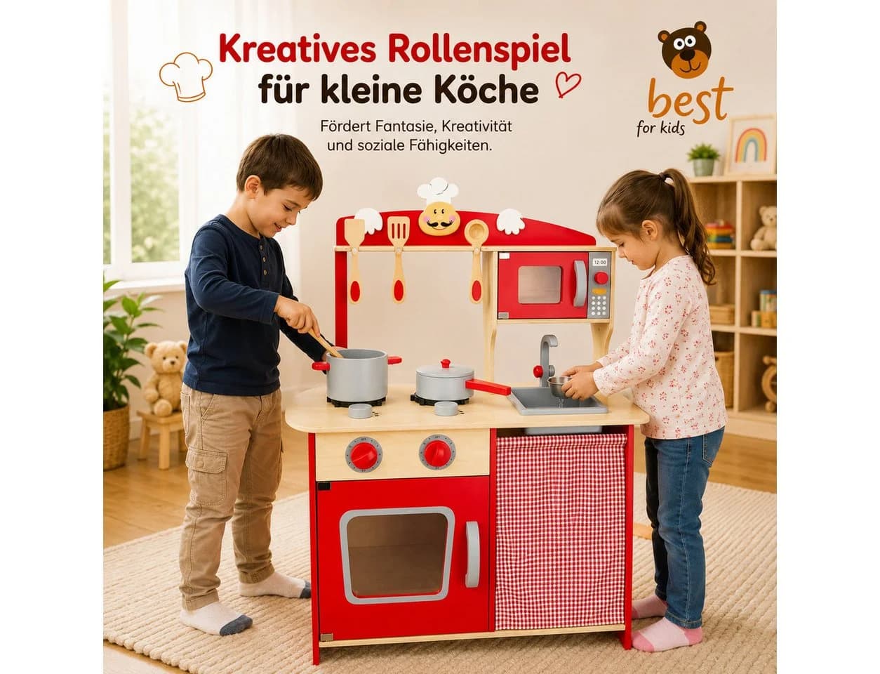 Best for Kids Spielküche Kinderküche chili Rot – MDF Holz mit Zubehör