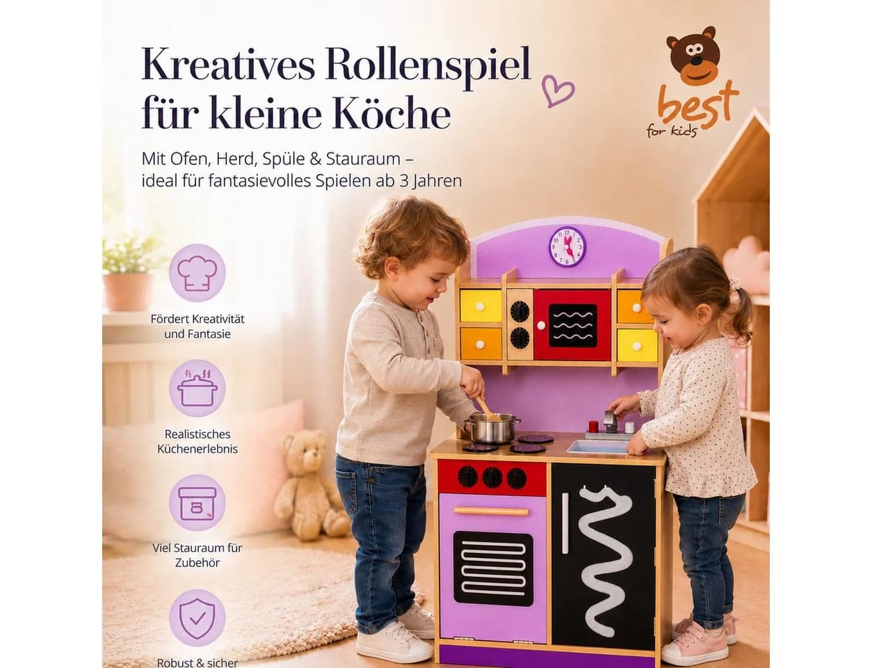 Best for Kids Spielküche Holz Lila mit Ofen, Spüle & Herd