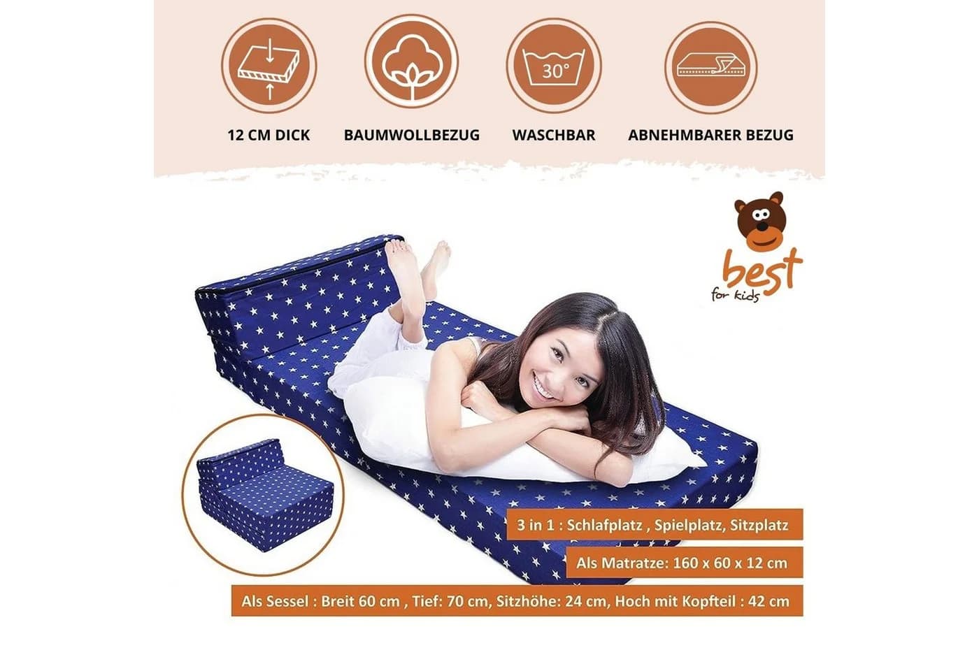 Best for Kids Klappmatratze 3-in-1 Faltmatratze blau