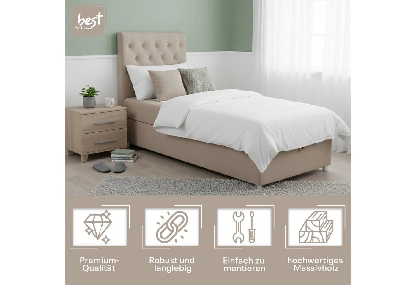 Best for Home Boxspringbett K-14 SINGLE mit Bettkasten & Bonnell-Matratze