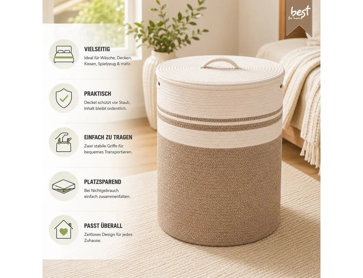 Best for Home Wäschekorb mit Deckel, faltbar, 58L, braun