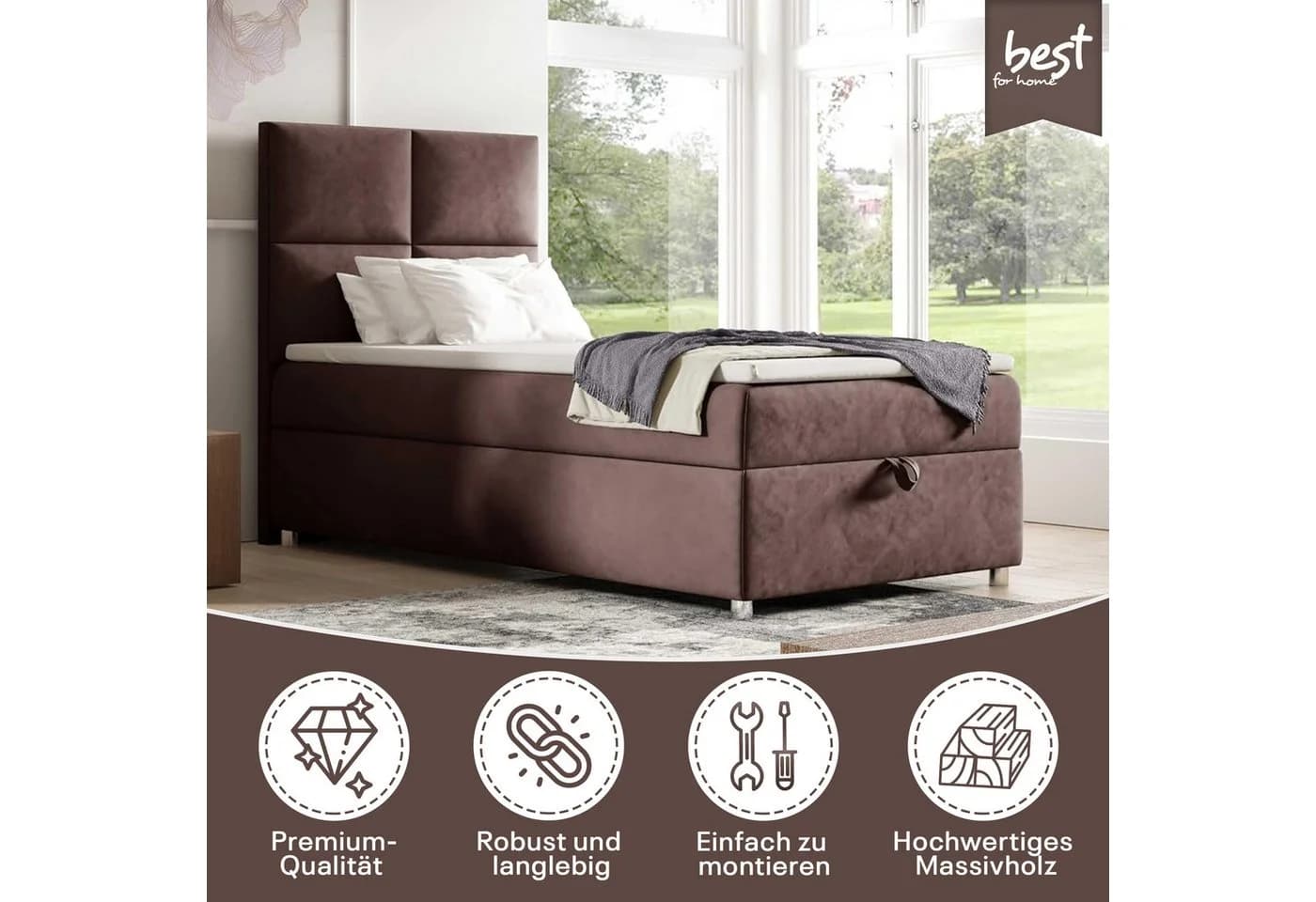 Best for Home Boxspringbett K2 SINGLE mit Bettkasten, Bonellmatratze & Topper