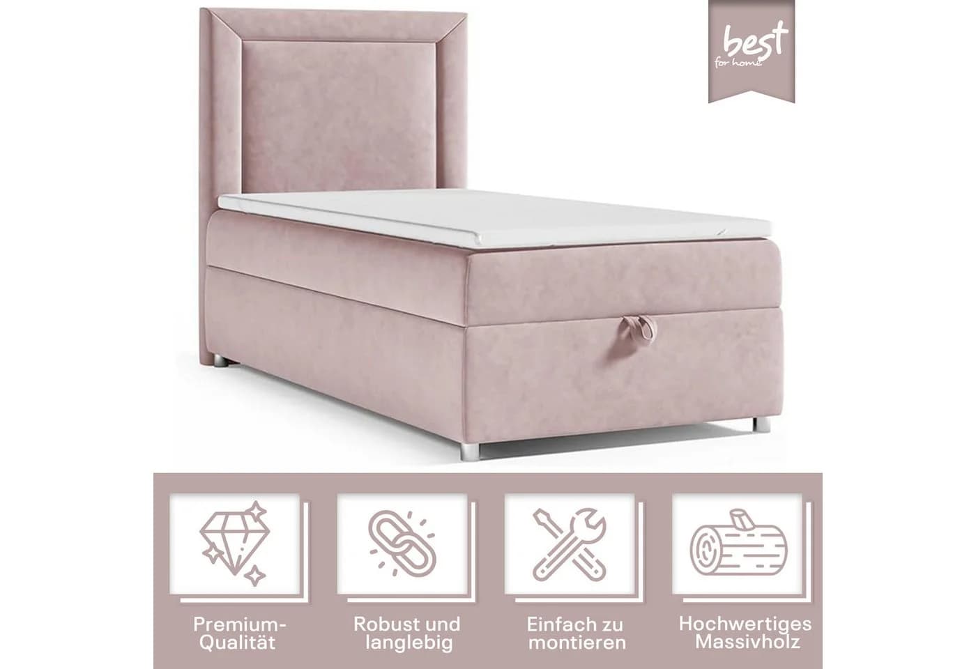 Best for Home Boxspringbett Trinity K-3 SINGLE Rosa Samt mit Bettkasten