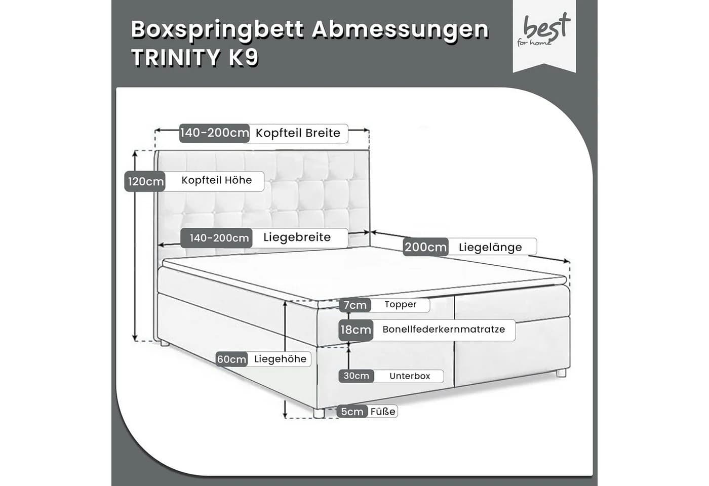Best for Home Boxspringbett Trinity K-9 mit Bettkasten & Topper grau