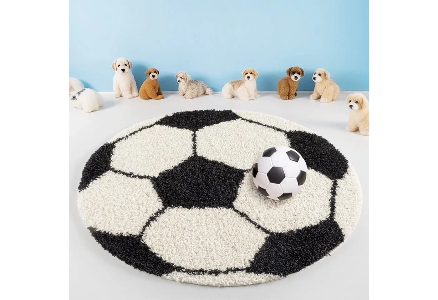 Teppium Teppich Rund Fußball-Design Schwarz Kinderzimmer