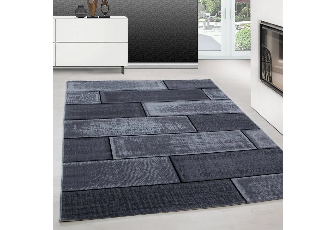 Teppium Kurzflor Teppich Schwarz Steindesign Modern