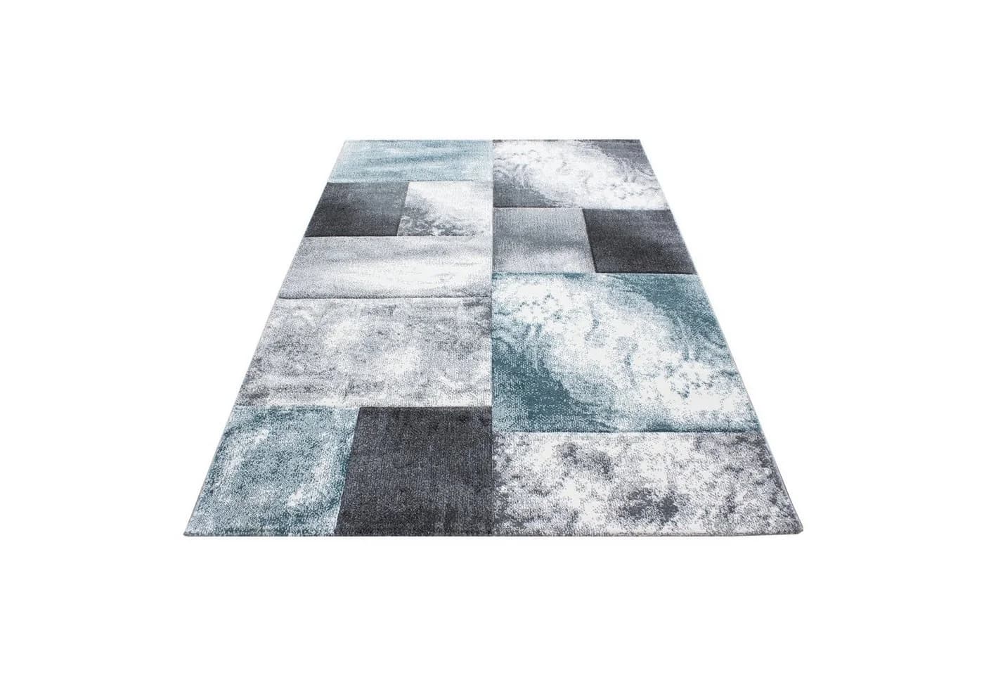 SIMPEX24 Teppich Kariert Design Blau-2 Kurzflor 3D-Konturenschnitt