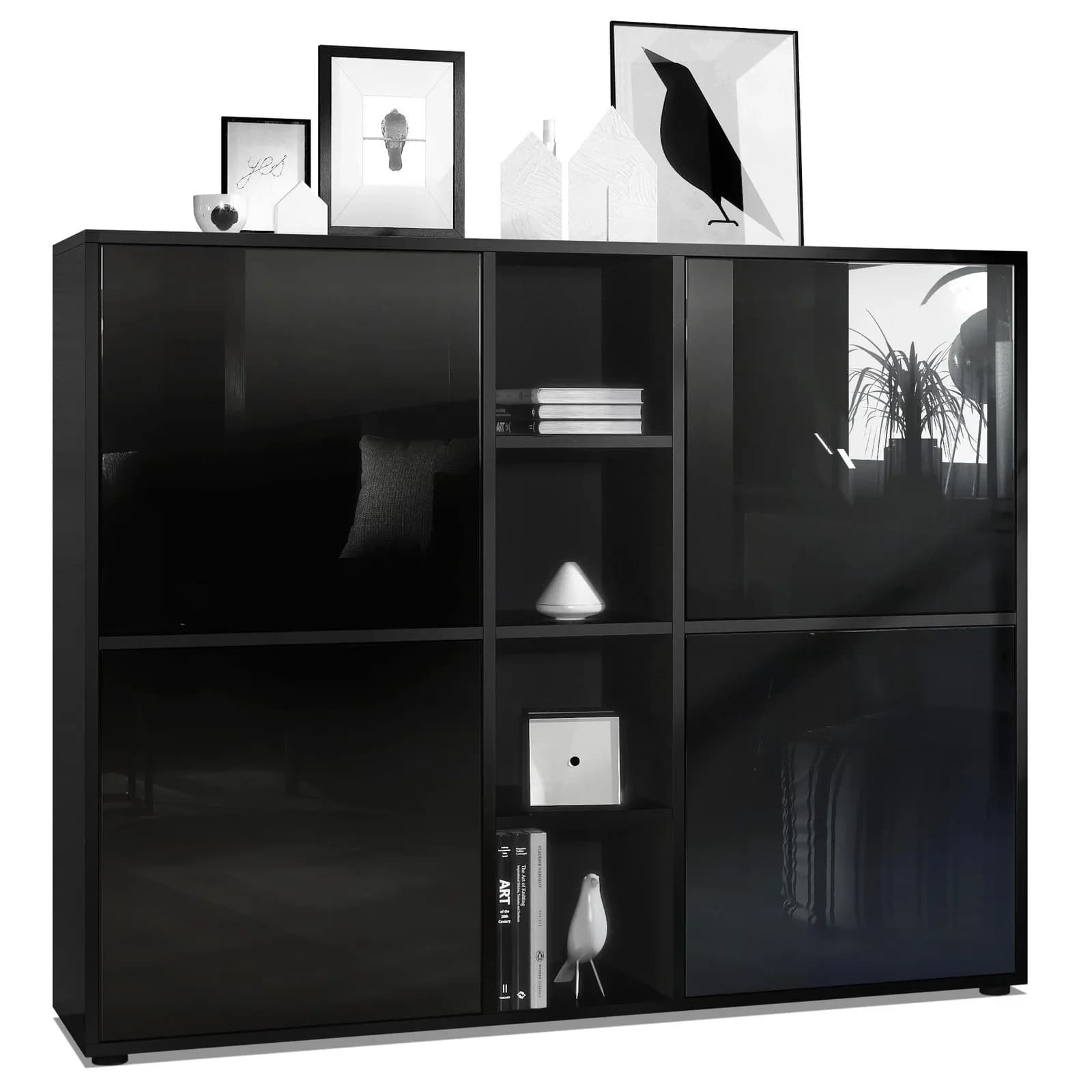Vladon Highboard Cuba V3 Schwarz Hochglanz mit 12 Fächern