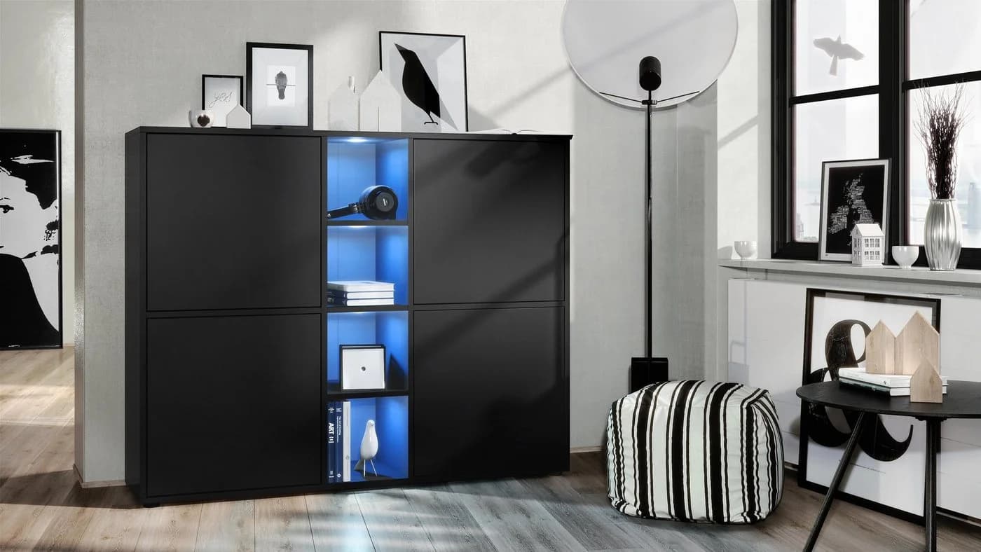 Vladon Highboard Cuba V3 Schwarz matt mit 12 Fächern und RGB LED