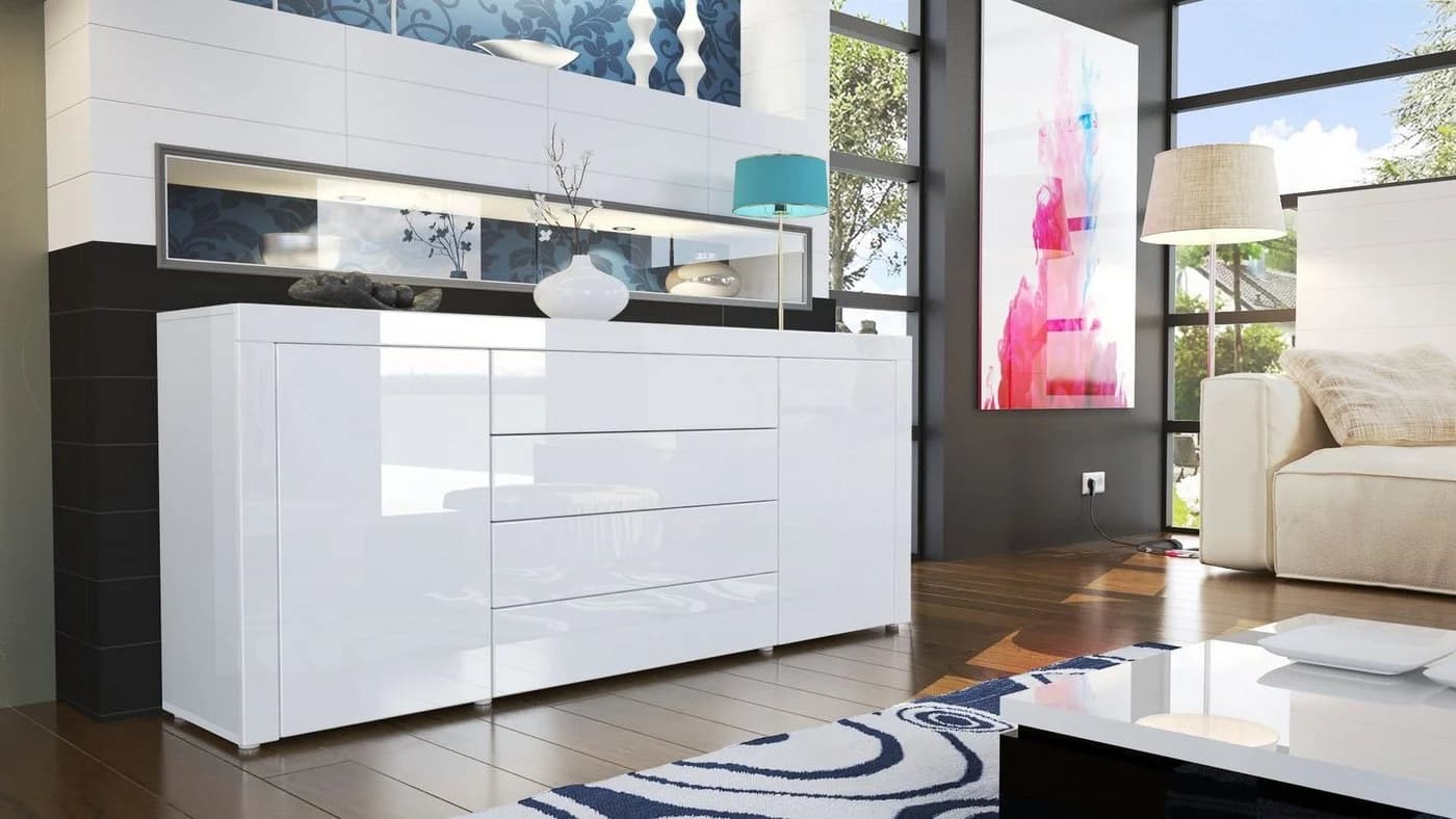 Vladon Sideboard La Paz V1 Weiß Hochglanz mit 2 Türen und 4 Schubladen