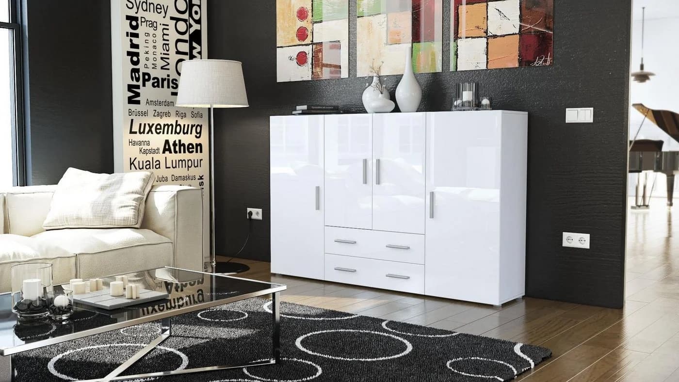 Vladon Highboard Nora Weiß Hochglanz mit Schubladen und Türen