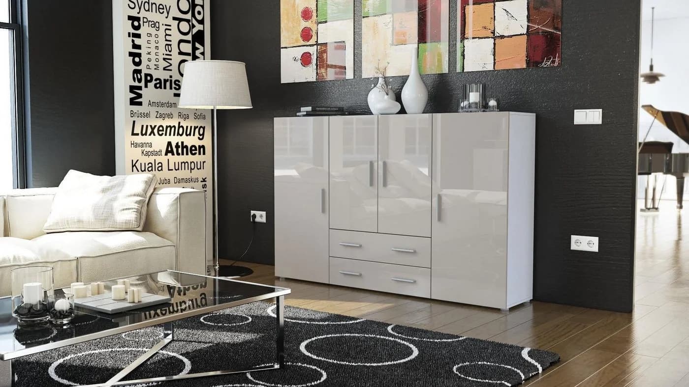 Vladon Highboard Nora Weiß matt/Sandgrau Hochglanz mit Schubladen