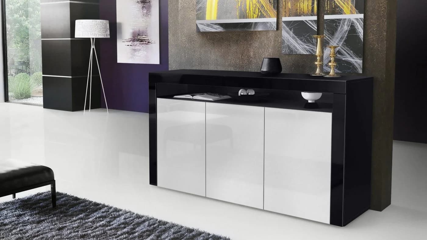 Vladon Sideboard Valencia Schwarz/Weiß Hochglanz mit 3 Türen