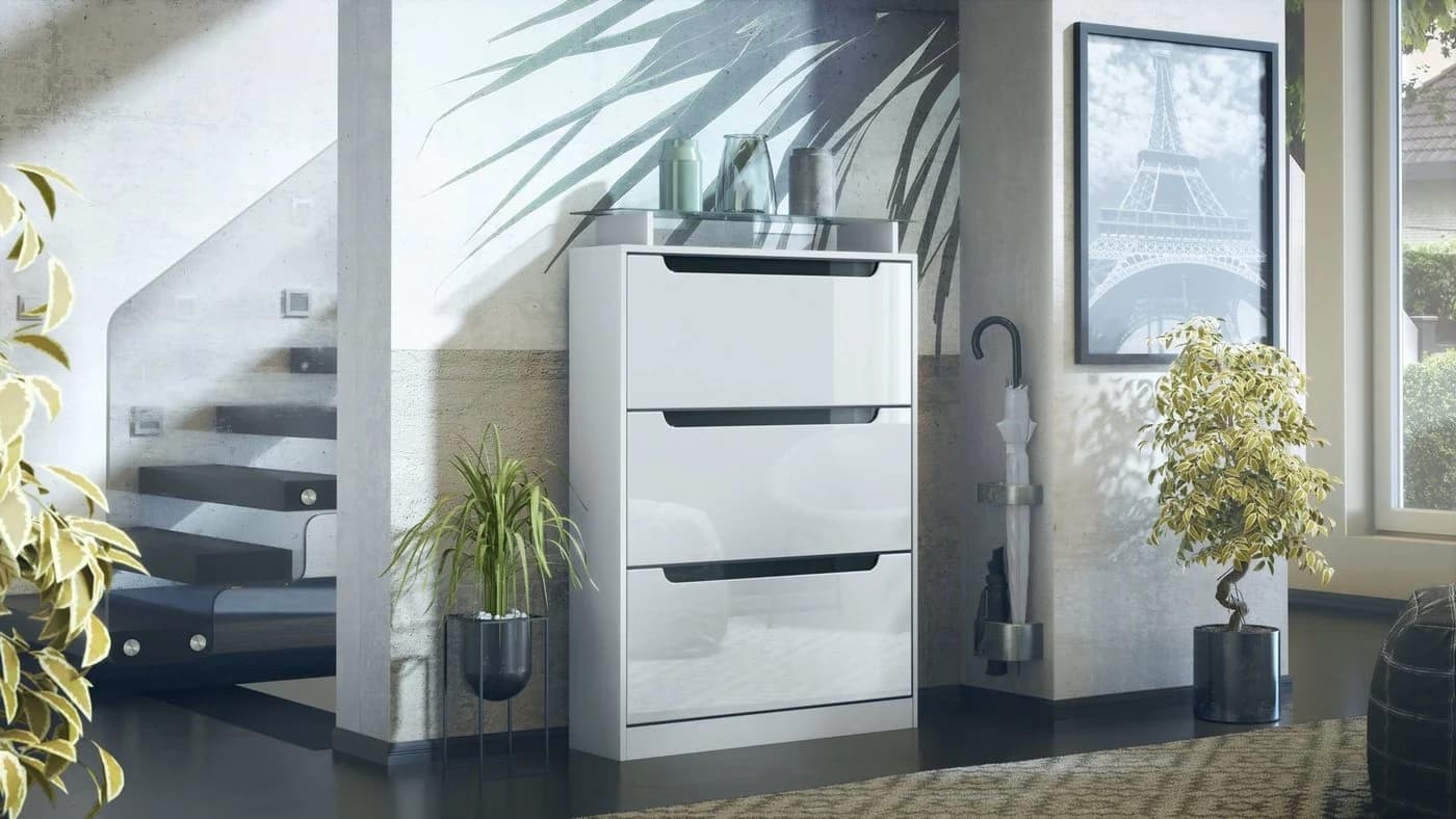 Vladon Schuhschrank Space Weiß/Schwarz mit Glasablage