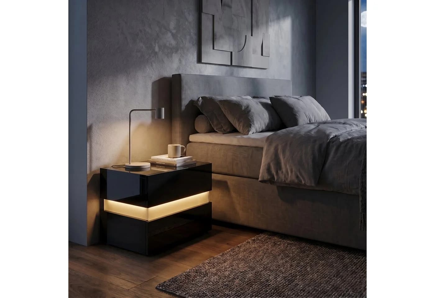 Vladon Nachttisch Flow Wandmontage Schwarz mit LED