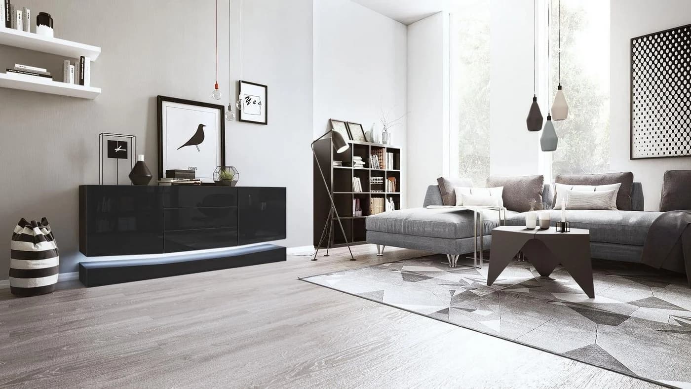 Vladon Sideboard City Schwarz matt/Hochglanz mit LED-Beleuchtung